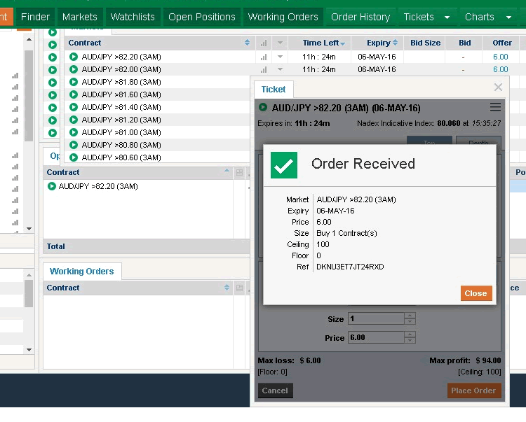 nadex platform order placed 750